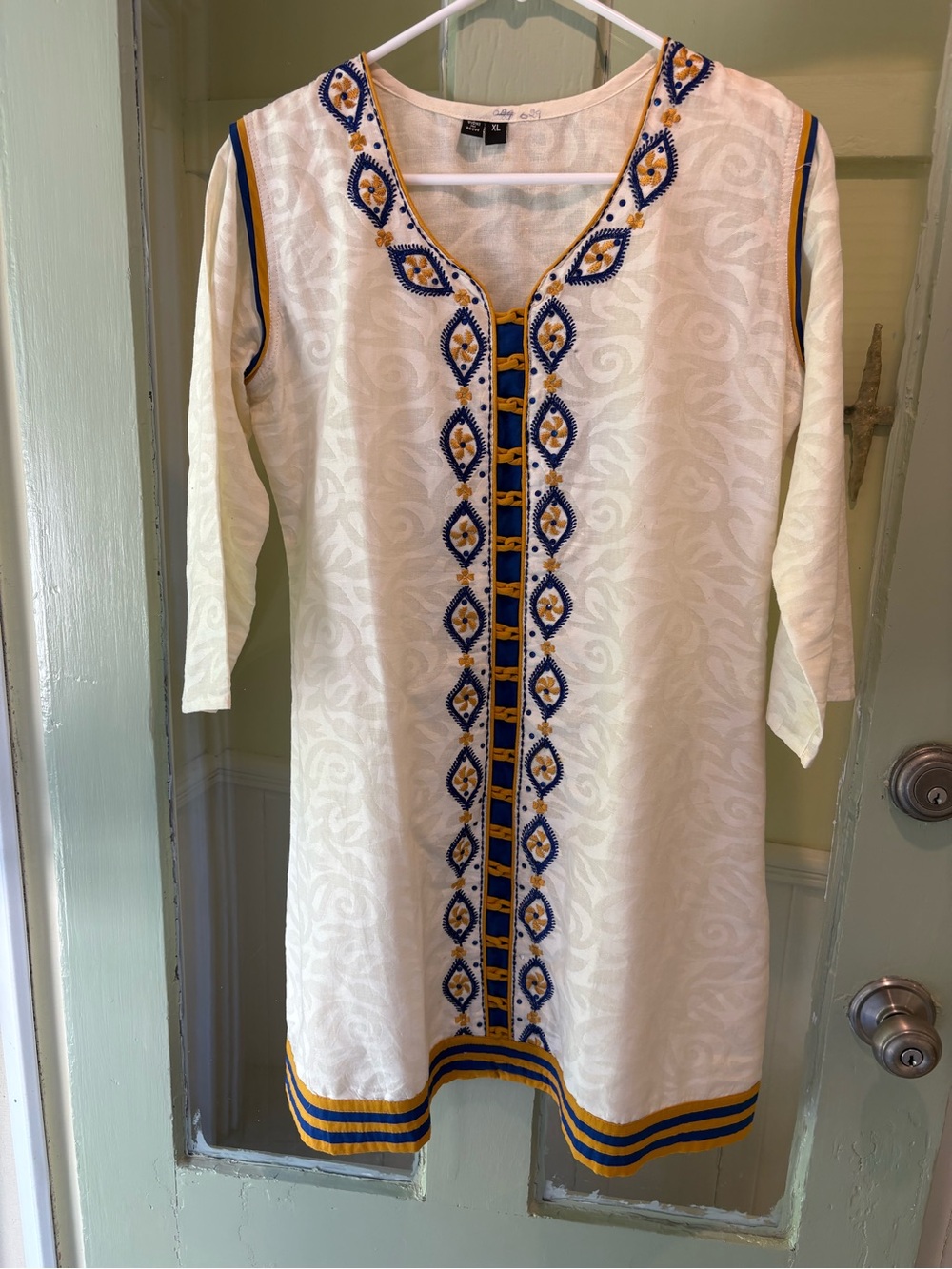 Embroidered Made in India Off White Tunic with Blue & Gold Trim